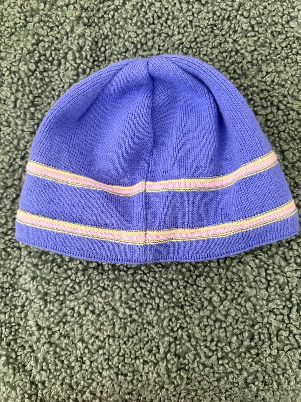 The North Face Kids Purple Knit Beanie with Yellow Logo and Pink Stripes